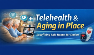 Telehealth & Aging in Place banner with seniors using a tablet, blue background, and medical care icons