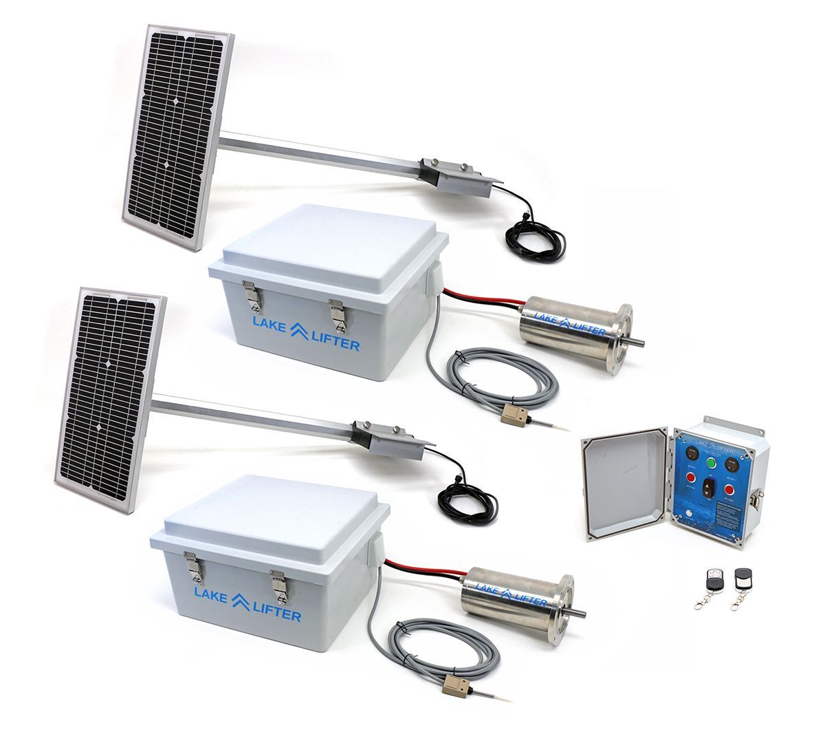 A couple of boat lift boxes with solar panels attached to them on a white background.