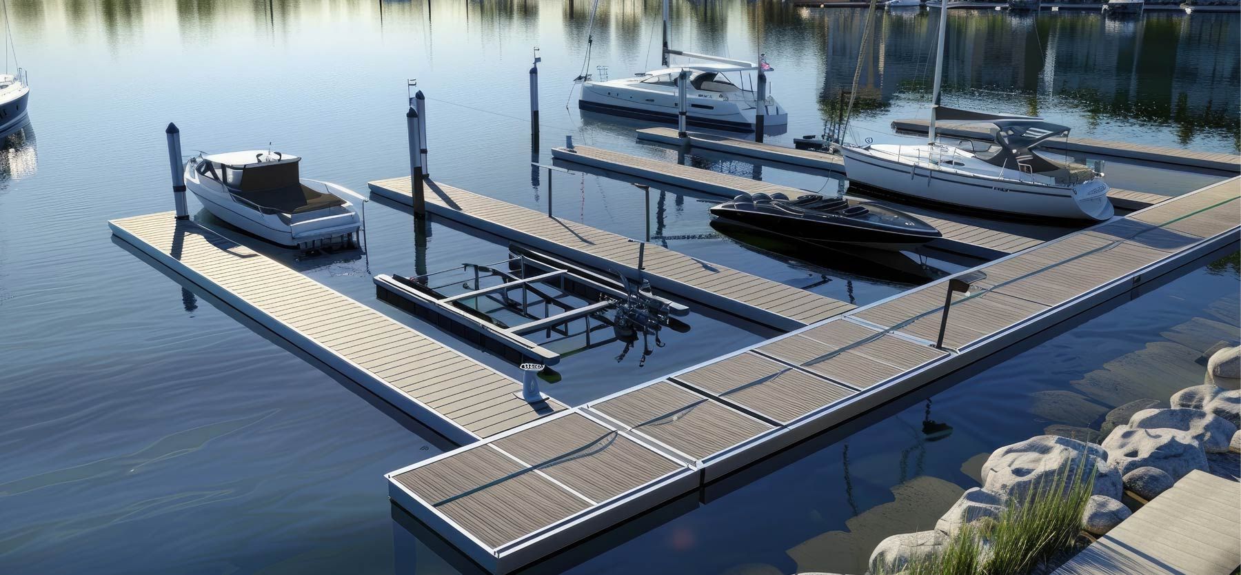 A floating wooden boat dock with docked watercraft in a calm harbor at sunset.