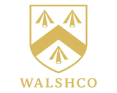 Gold crest with three stylized arrows above and below a diagonal band, "WALSHCO" below.