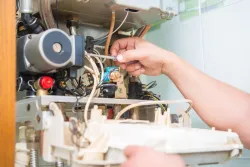 Person repairs a boiler, using a tool on the internal components.
