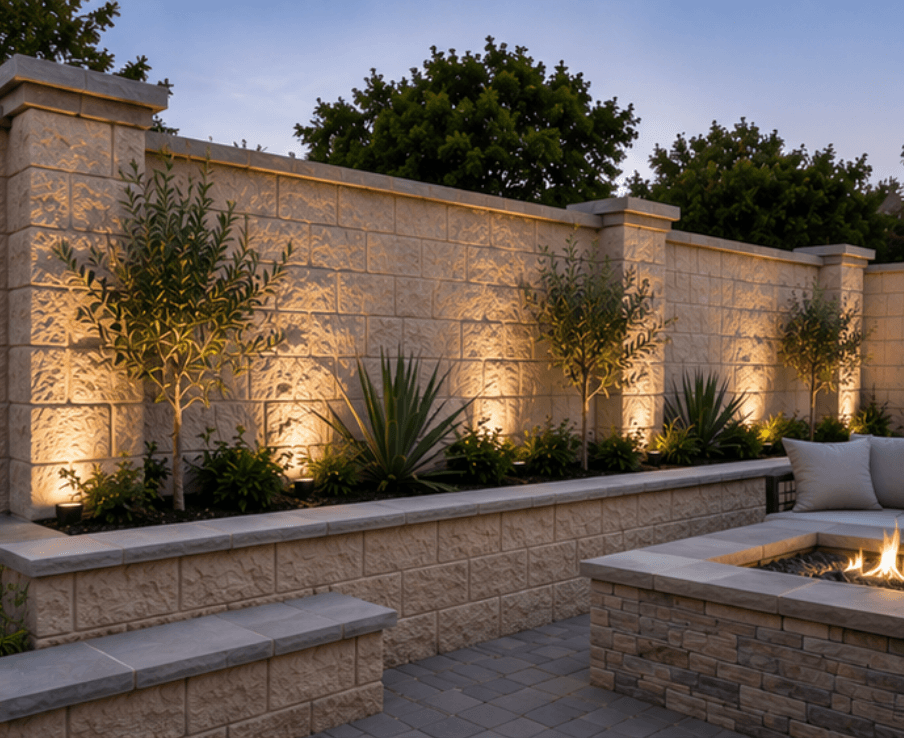 Illuminated decorative block wall with raised planter, small trees, paver patio, seating, and fire pit in a modern backyard.