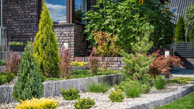 Tiered garden retaining walls with decorative shrubs, evergreens, gravel beds, and front yard landscaping near a brick home.