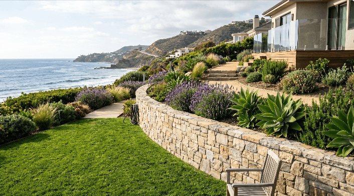 Coastal hillside retaining wall with drought-tolerant landscaping in Laguna Beach, CA.