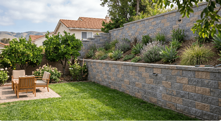 Retaining block wall with tiered hillside landscaping in a Southern California backyard.