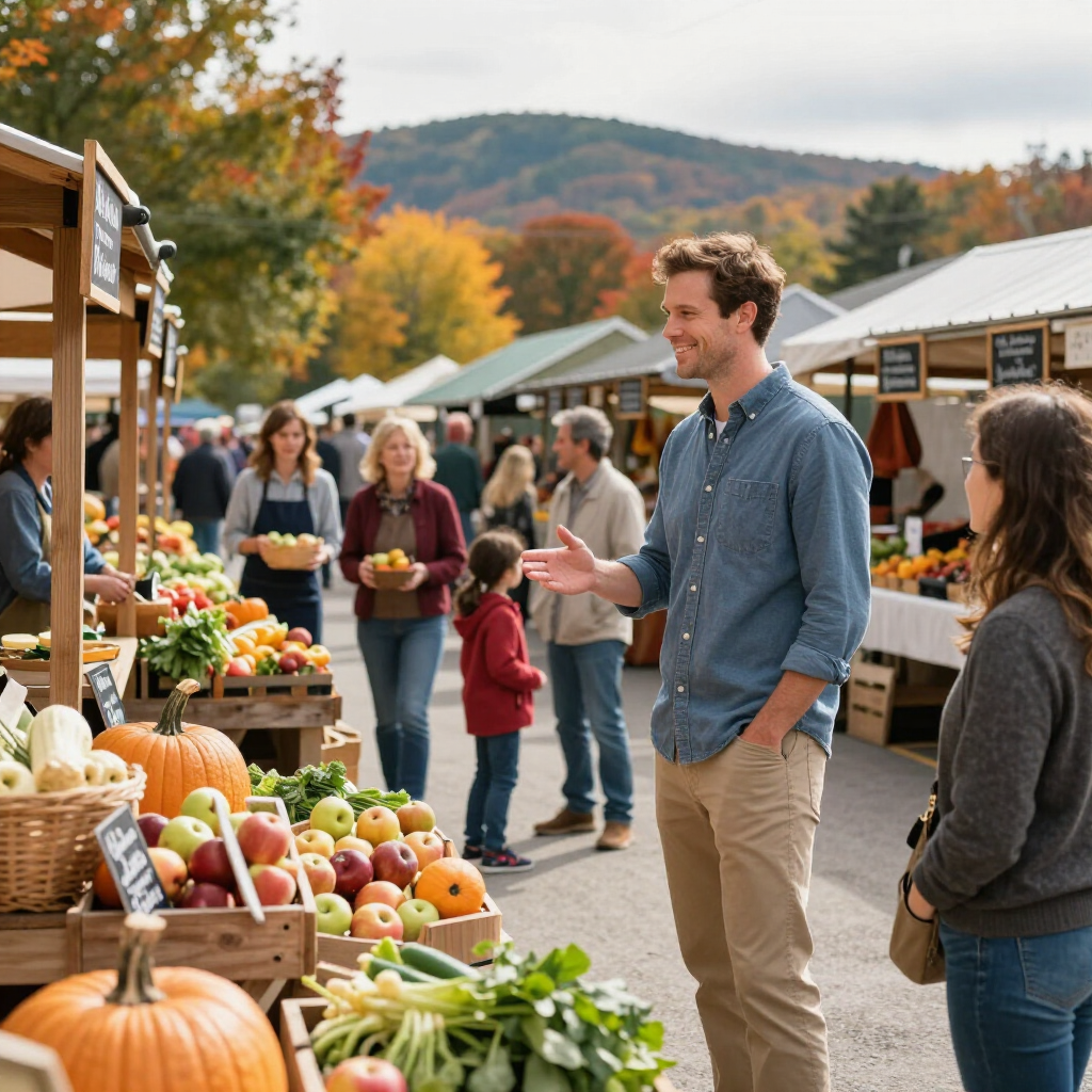 Outdoor farmers market with fresh produce, vendors, and shoppers chatting on a fall day.