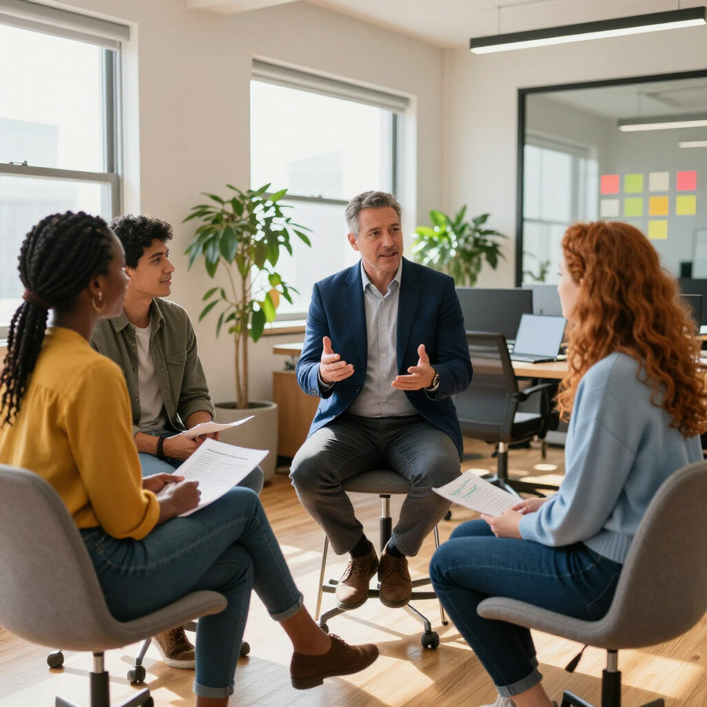 Small team in a bright office meeting, seated in a circle while a man speaks and holds a discussion.