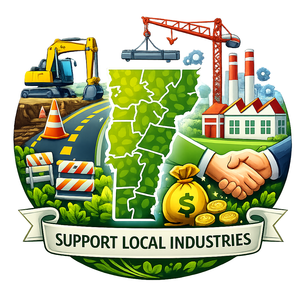 Collage promoting local industries with construction, factories, handshake, and a “Support Local Industries” banner