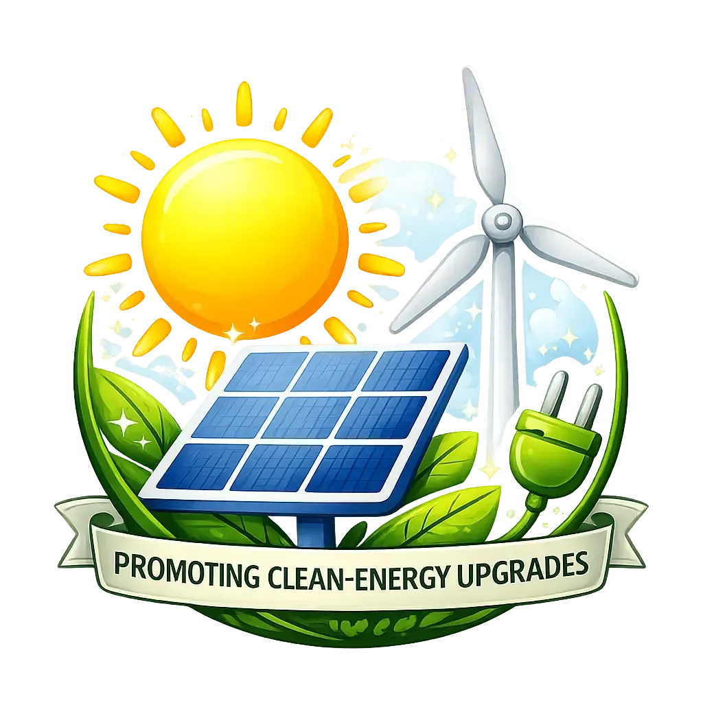 Solar panels, wind turbine, sun, and plug with banner “Promoting Clean-Energy Upgrades”