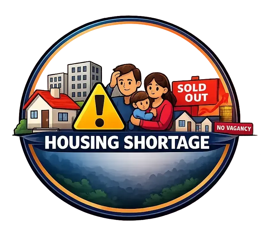 Housing shortage graphic with family, warning sign, and sold out/no vacancy signs.