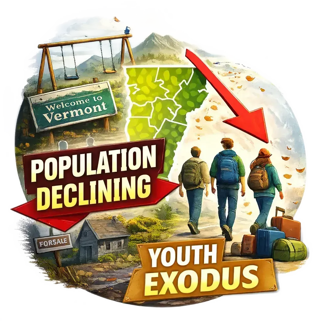 Vermont population declining poster with red arrow and three hikers leaving a rural town, labeled “Youth Exodus”