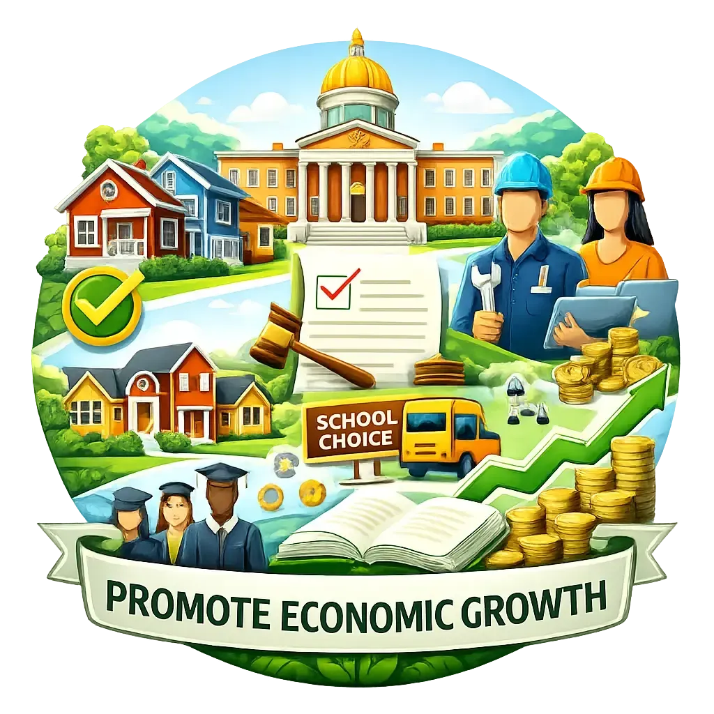 Illustration of school choice and economic growth with homes, officials, students, and a government building