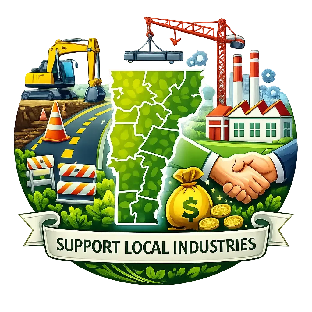 Support local industries: construction, factory, handshake, and green map with banner.