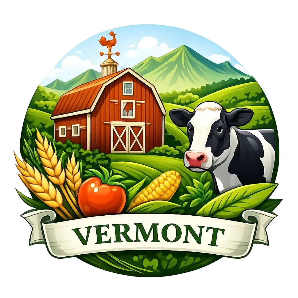 Vermont farm logo with red barn, cow, crops, and mountains in a circular emblem