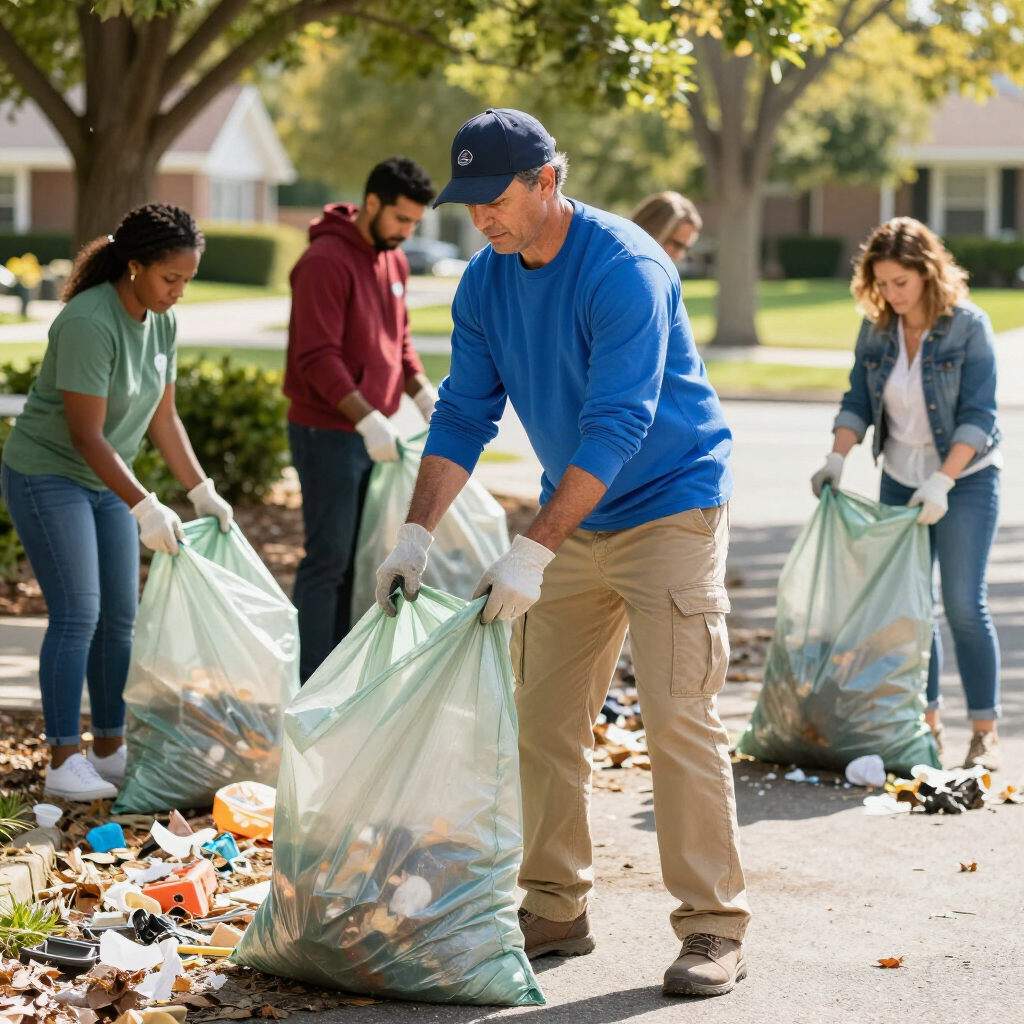 Volunteers in gloves collect trash into large bags in a sunny neighborhood street.