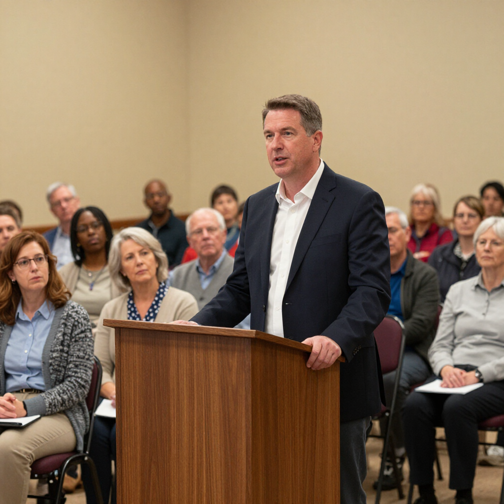 Man speaking at a podium to an audience in a meeting room