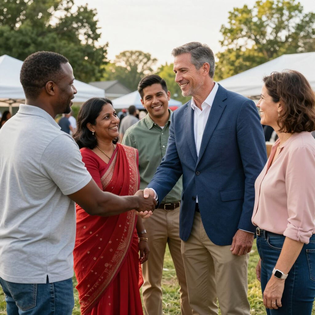 People greeting each other with a handshake at an outdoor gathering, smiling in a park-like setting