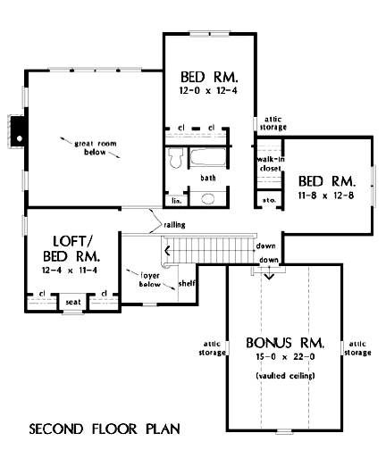 A black and white floor plan of a house with two bedrooms and a loft.