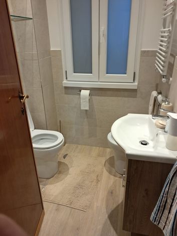 Piccolo bagno con WC, lavandino, finestra e pavimento piastrellato; porta in legno socchiusa.