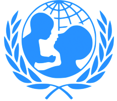 Blátt UNICEF merki með hnött, lárviðarkrans og móður sem heldur á barni
