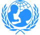 Blátt UNICEF merki með hnött, lárviðarkrans og móður sem heldur á barni