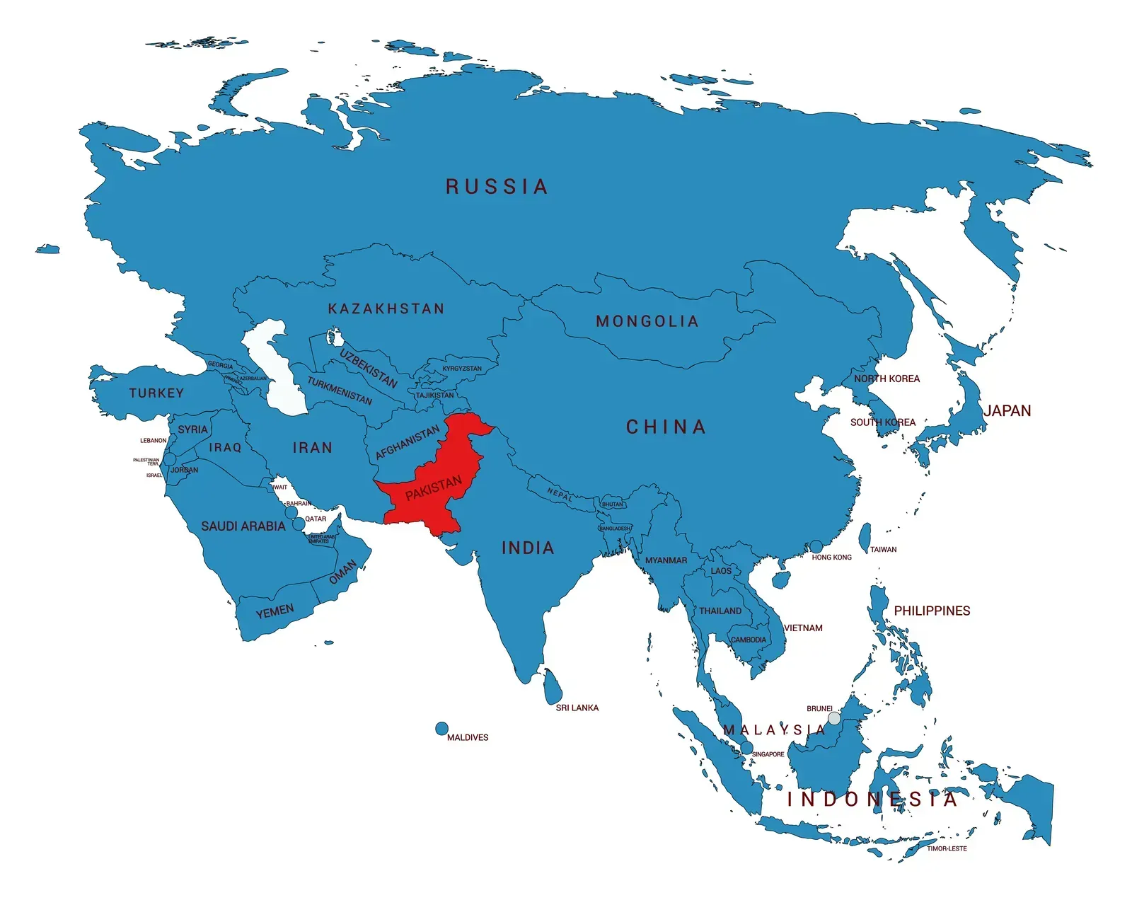 Kort af Asíu með Pakistan merkt með rauðu.