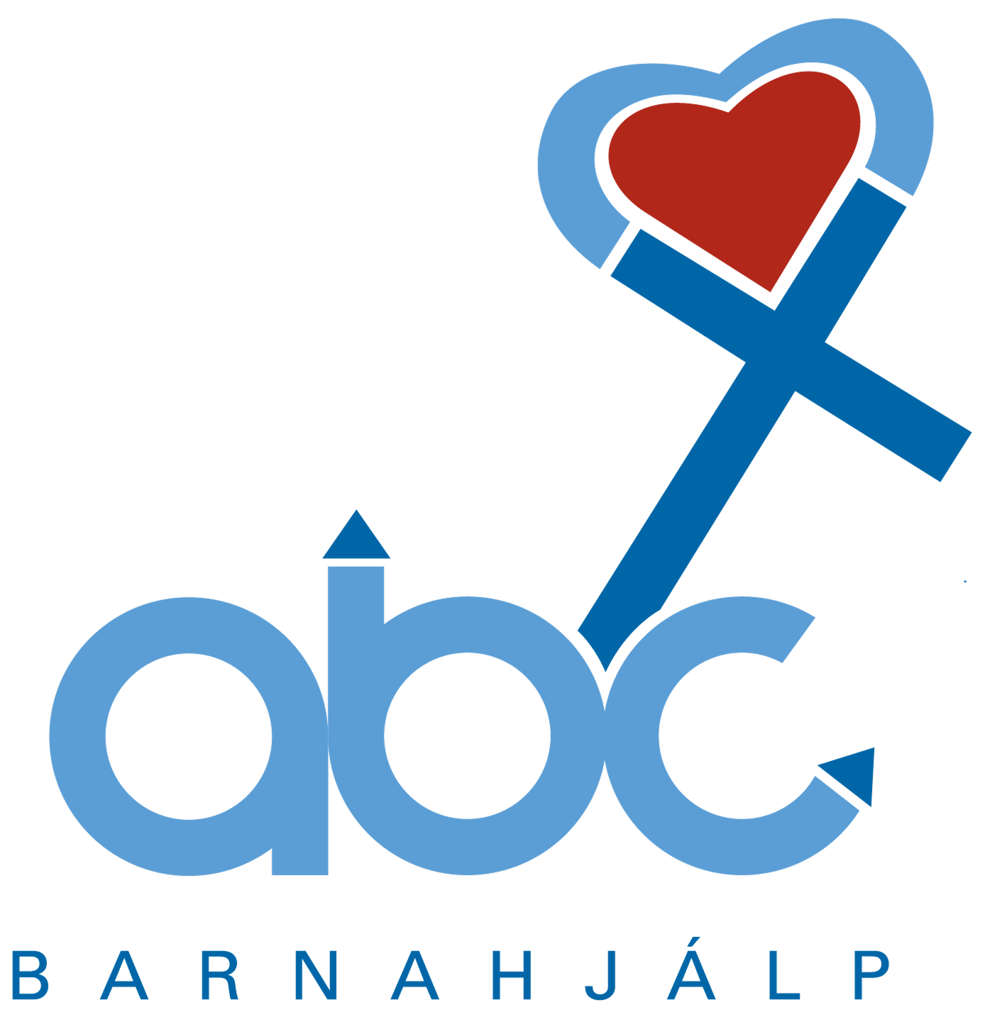 Merki ABC Barnahjálpar með bláum stöfum og rauðum hjartalaga borða