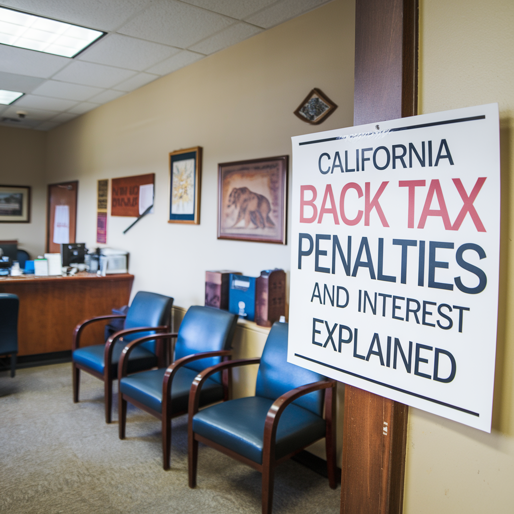 A waiting room with chairs and a sign that says california back tax penalties and interest explained