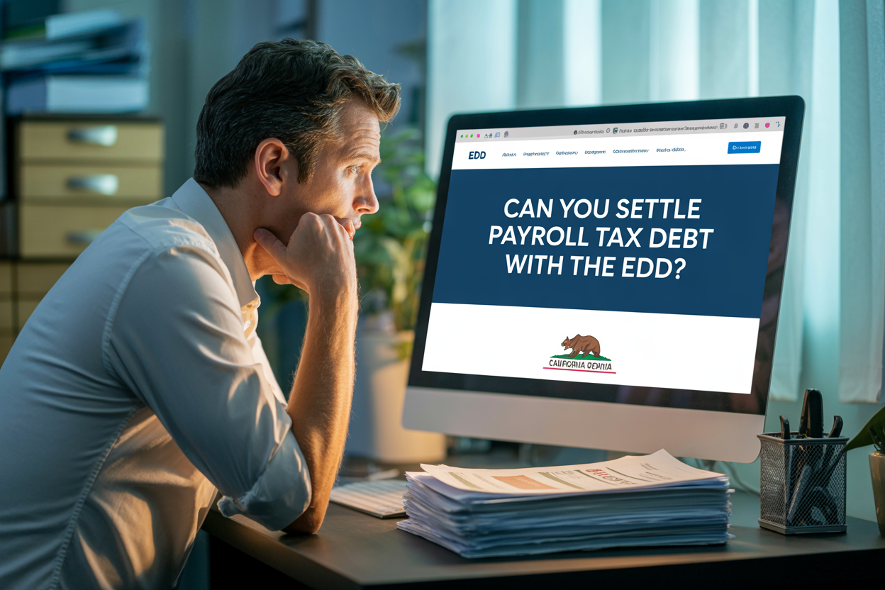 Man looking at a computer screen with the text