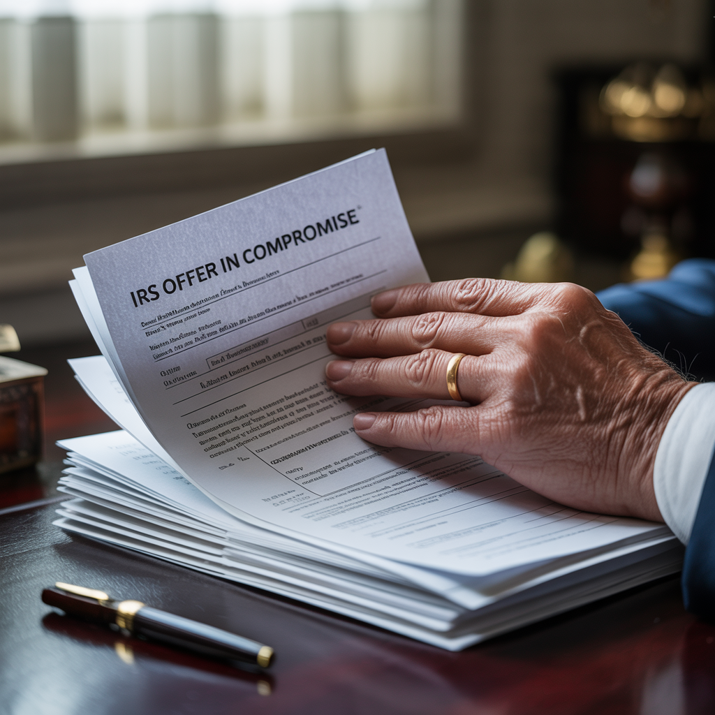 A person is holding a piece of paper that says `` irs offer in compromise ''.