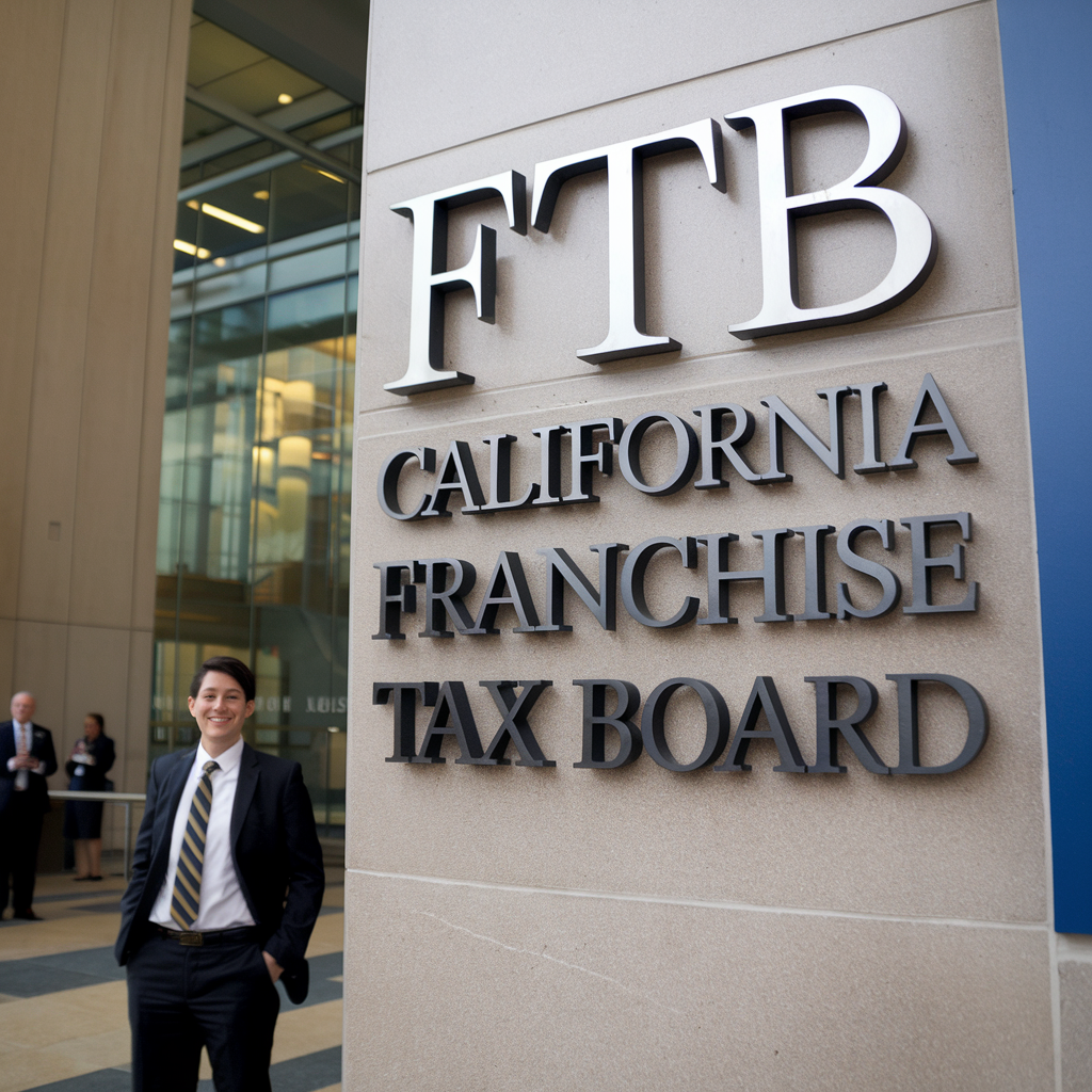A man stands in front of a sign for the california franchise tax board