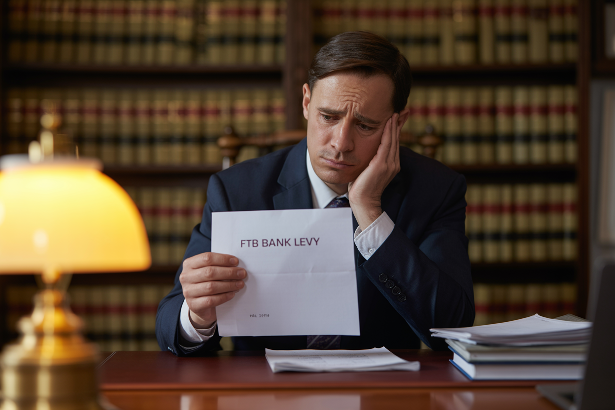 A man in a suit looks concerned, holding a paper that reads