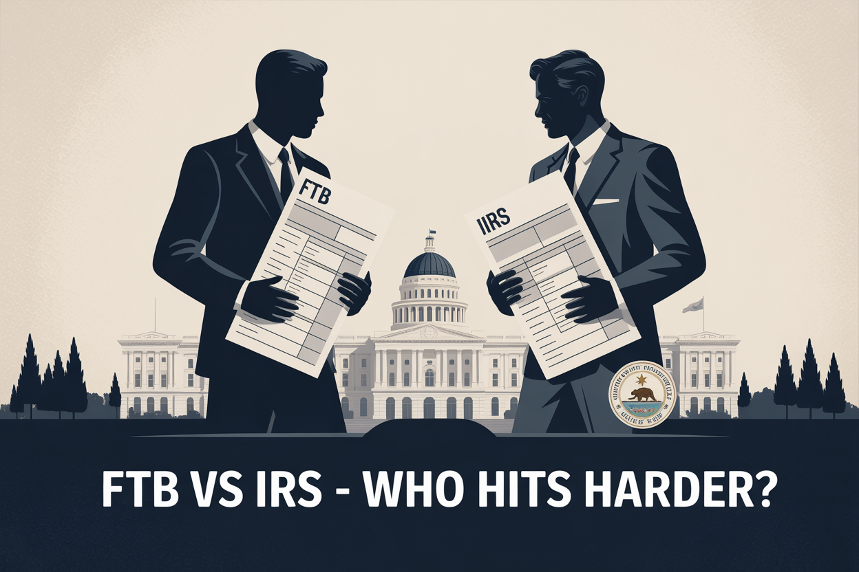 Two silhouetted men holding documents labeled 