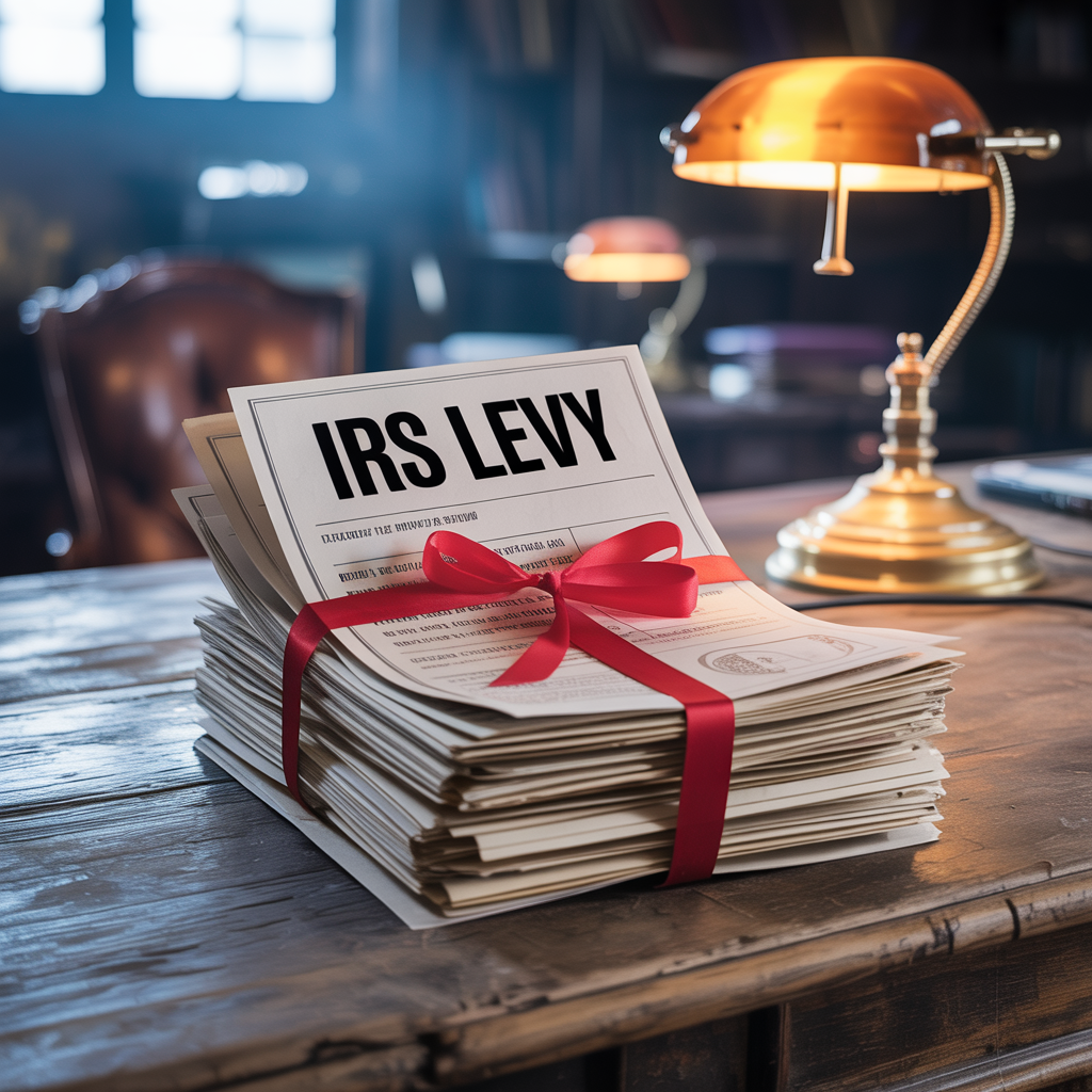 A stack of irs levy papers tied with a red ribbon