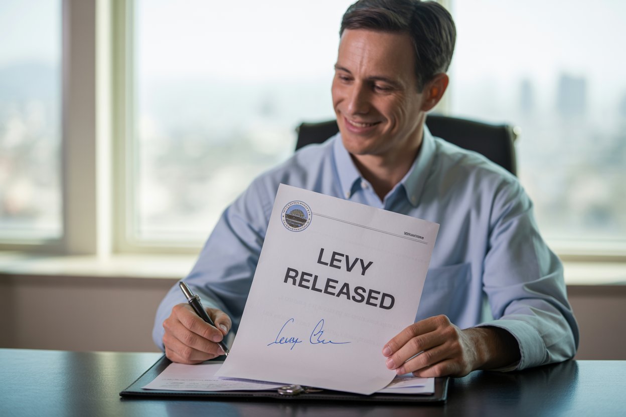 A man in a light blue shirt signs a document labeled