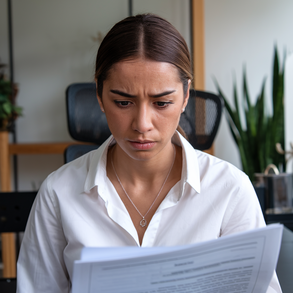 A woman is sitting in a chair reading a piece of paper.