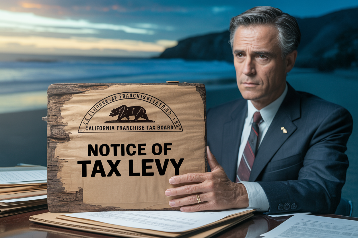 A man in a suit sits at a desk on a beach, holding a