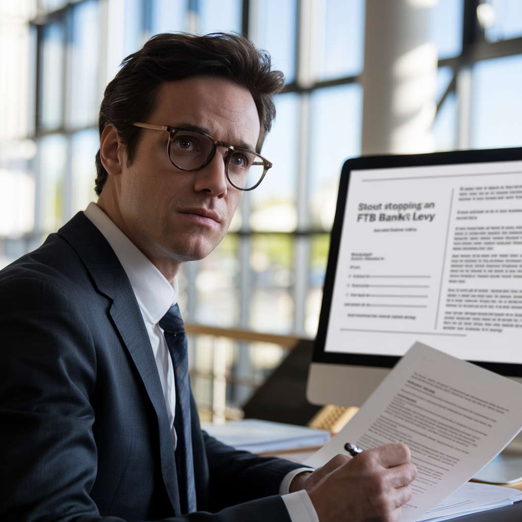 A man in a suit and tie is sitting in front of a computer screen that says short stopping an ftb bank levy