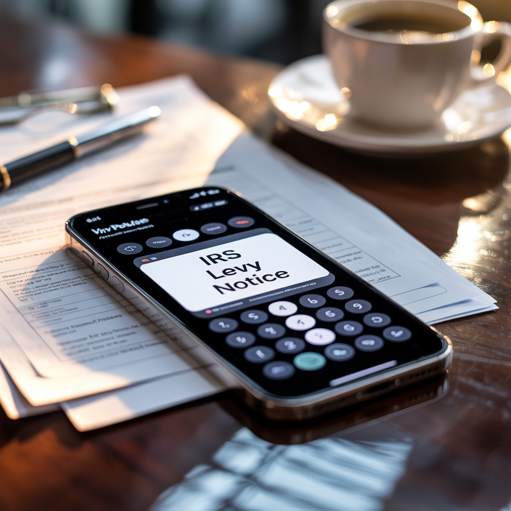 A cell phone with the words irs levy notice on the screen