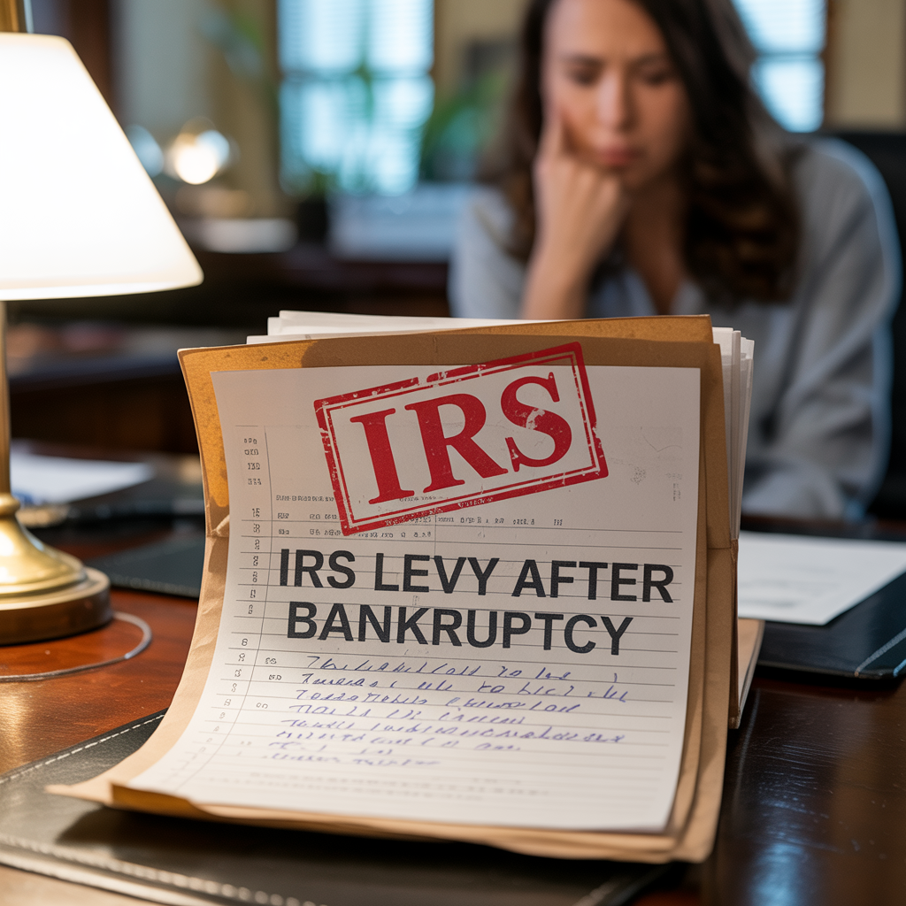 A woman is sitting at a desk with a piece of paper that says irs levy after bankruptcy