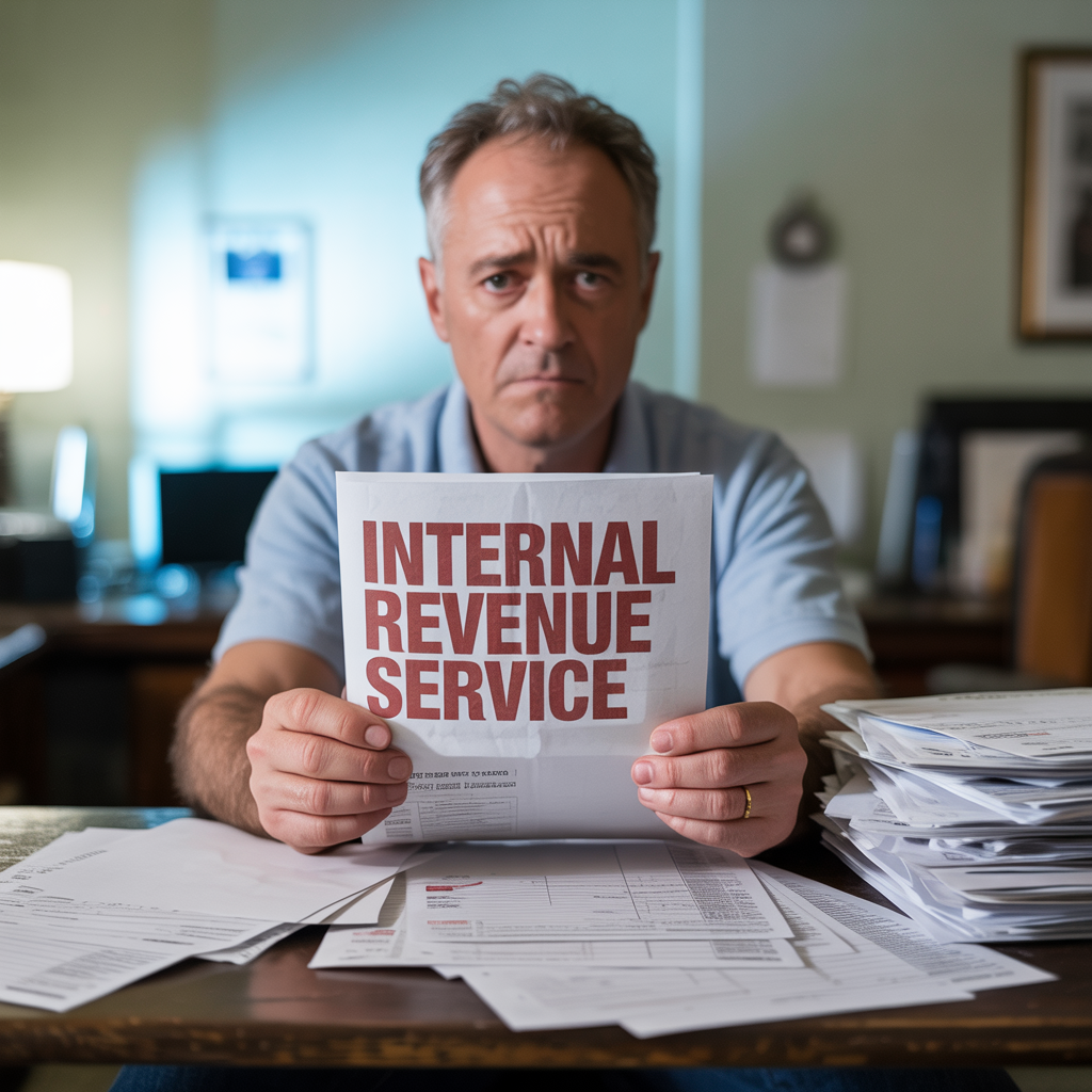 A man is holding a piece of paper that says internal revenue service