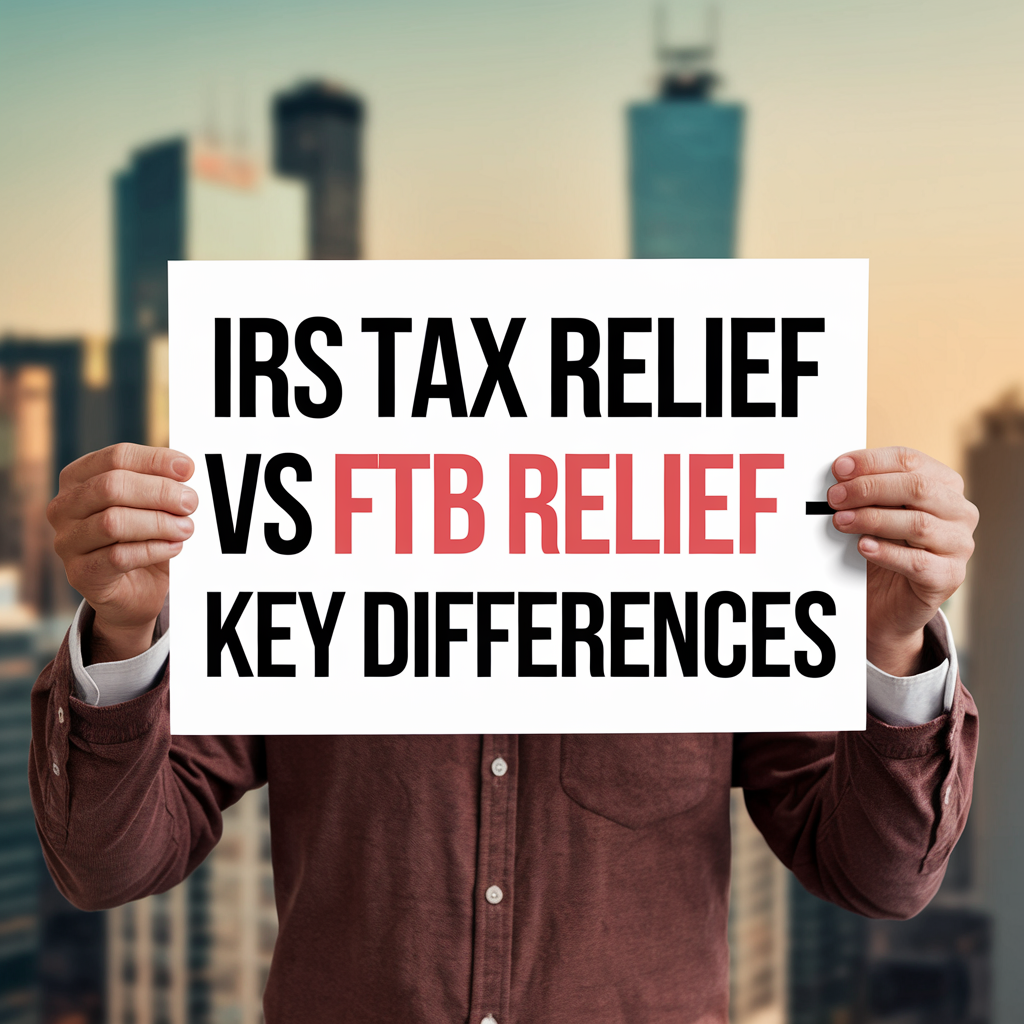 A man is holding a sign that says irs tax relief vs ftb relief key differences