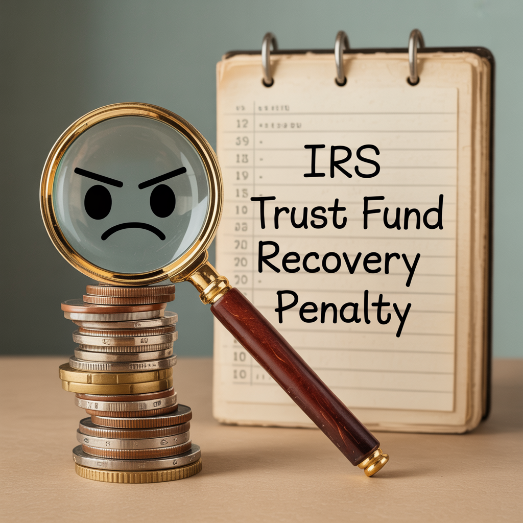 A magnifying glass is sitting on top of a stack of coins next to a notebook that says irs trust fund recovery penalty