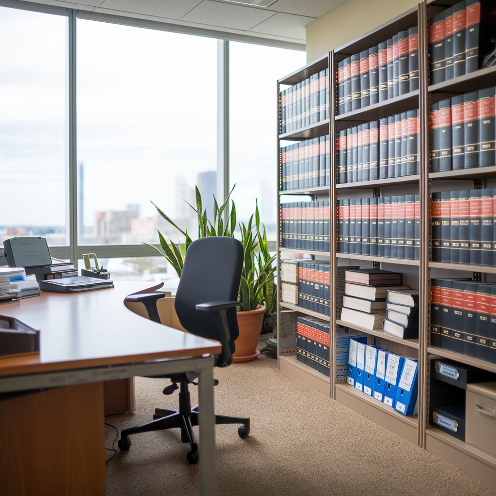 A desk and chair in an office with bookshelves full of books