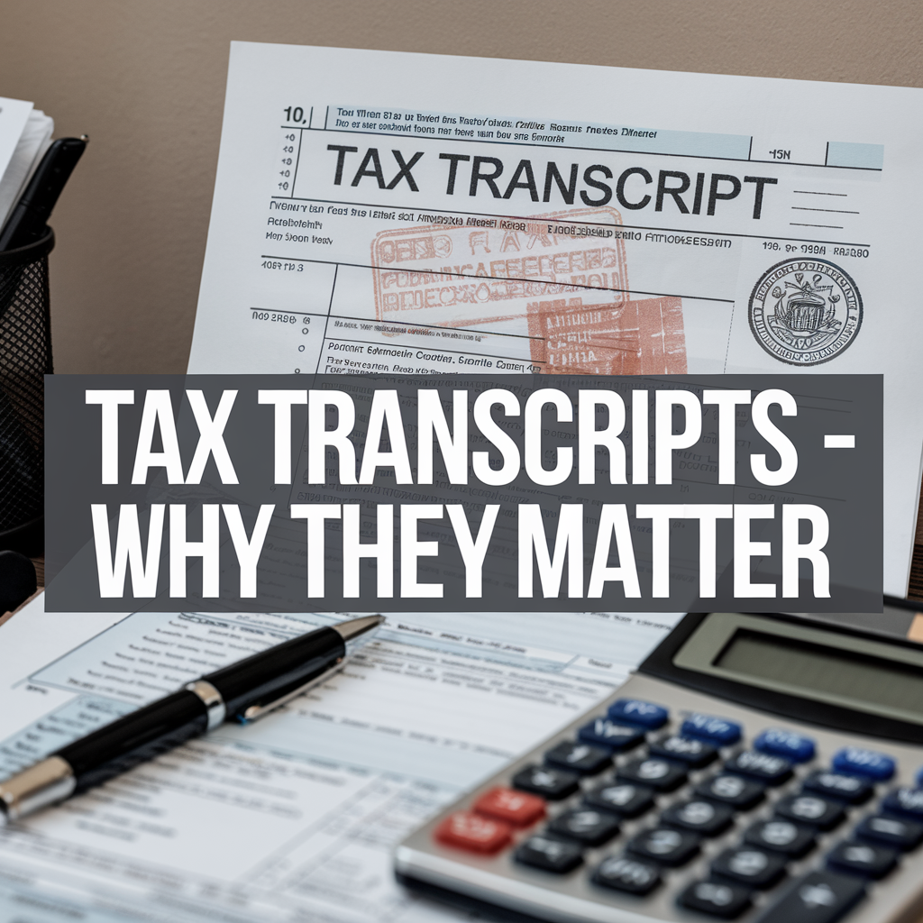 A tax transcript is sitting on a desk next to a calculator and pen