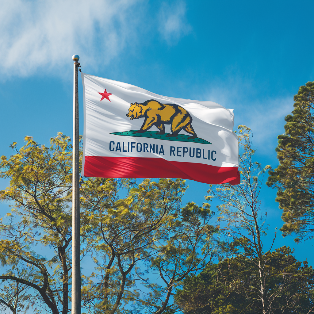 A california republic flag is flying in the wind