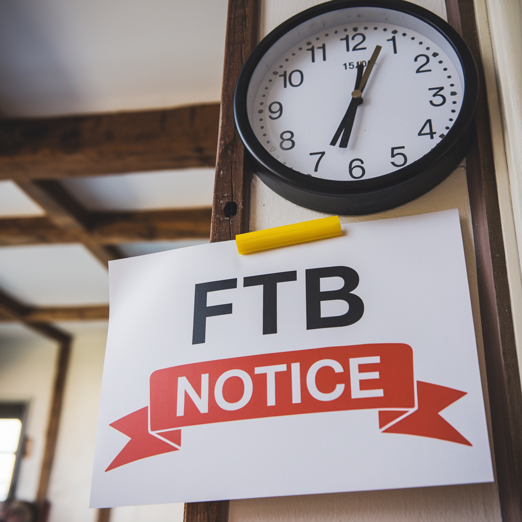 A clock hanging on a wall next to a sign that says ftb notice