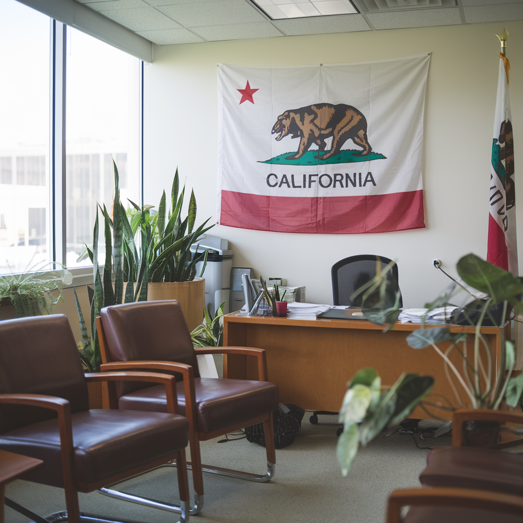A california flag hangs above a desk in a waiting room