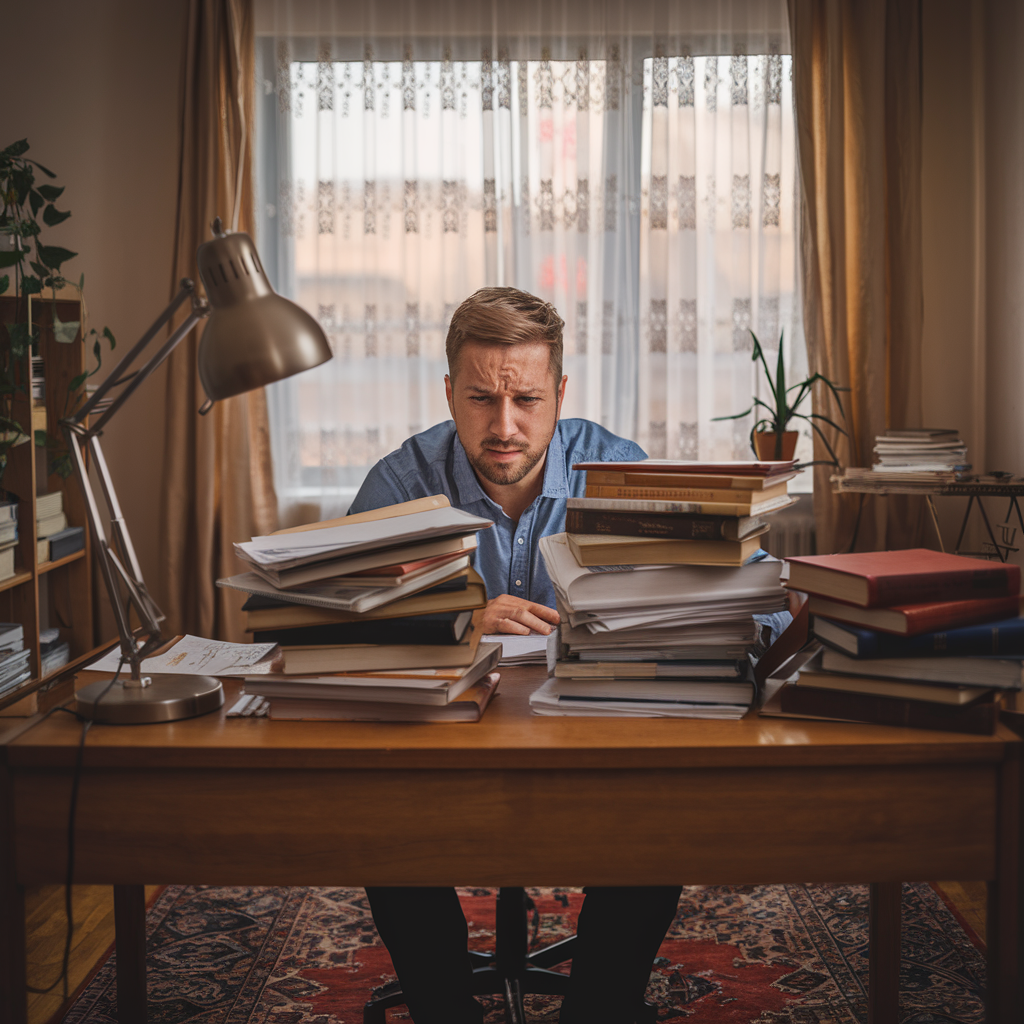 A man is sitting at a desk with a lot of books on it.