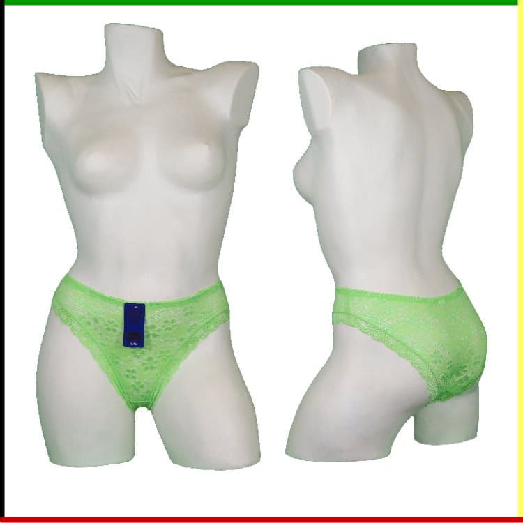 Twee mannequins in limoengroen kanten ondergoed, voor- en achterkant.